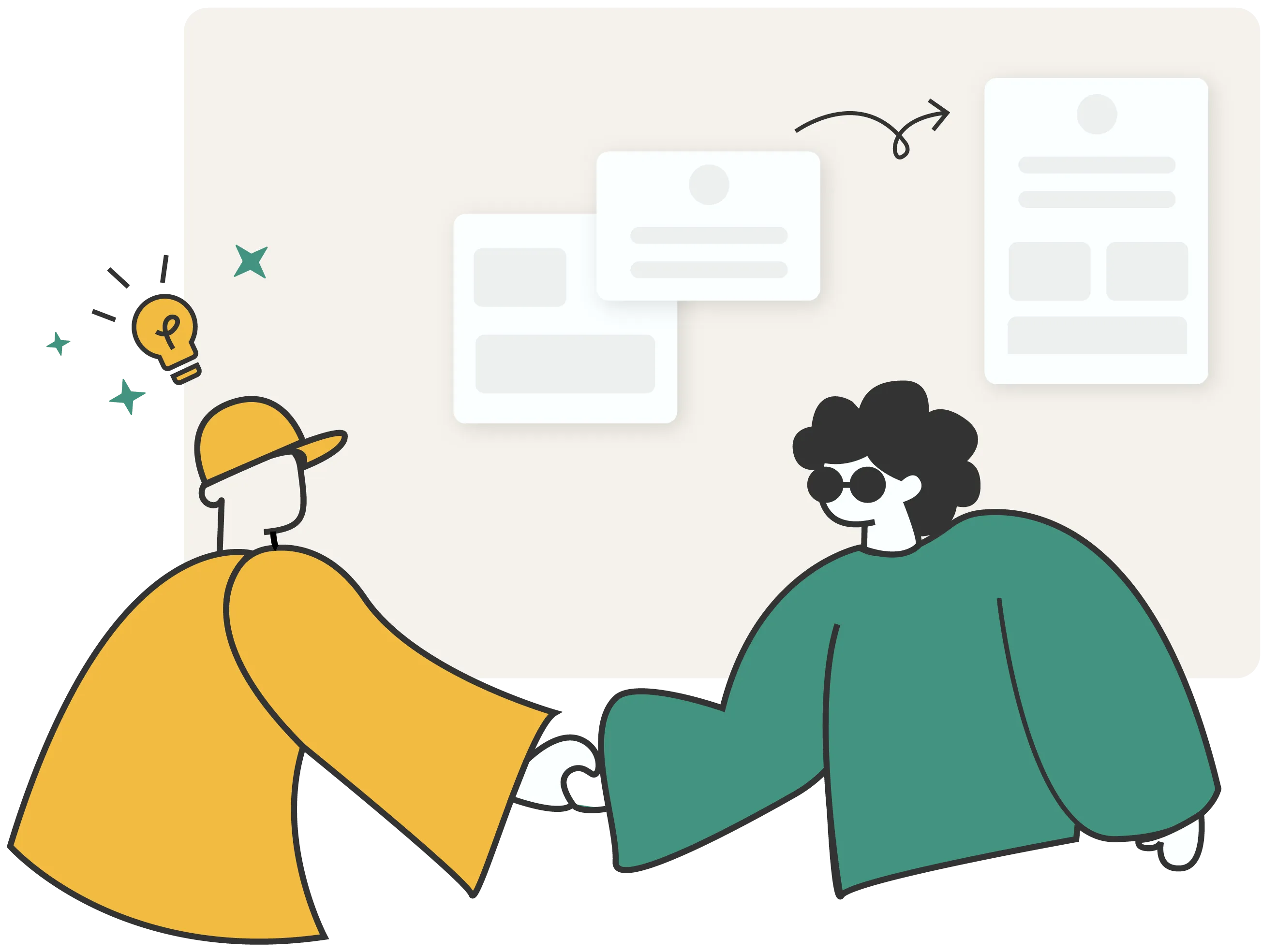 Duas pessoas colaborando em um projeto de aplicativo — ilustração de um aperto de mão