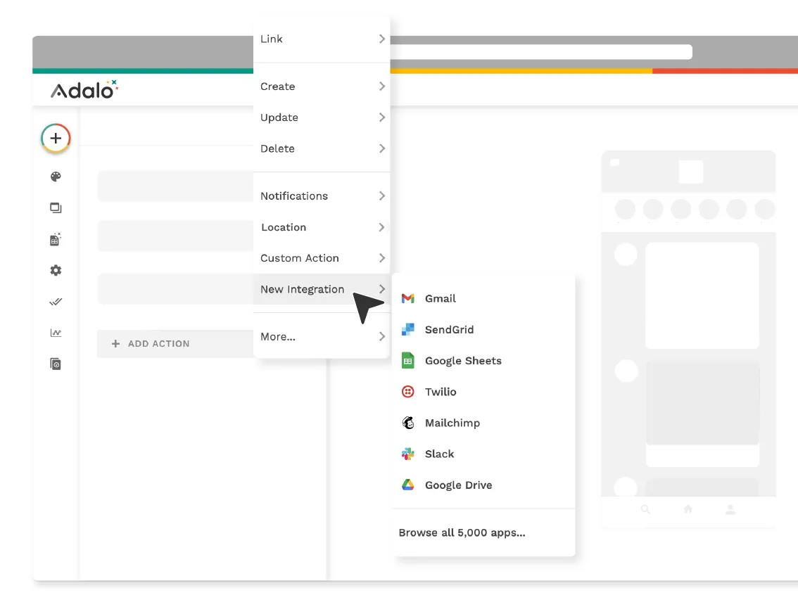 Acione rapidamente ações diretamente no Adalo