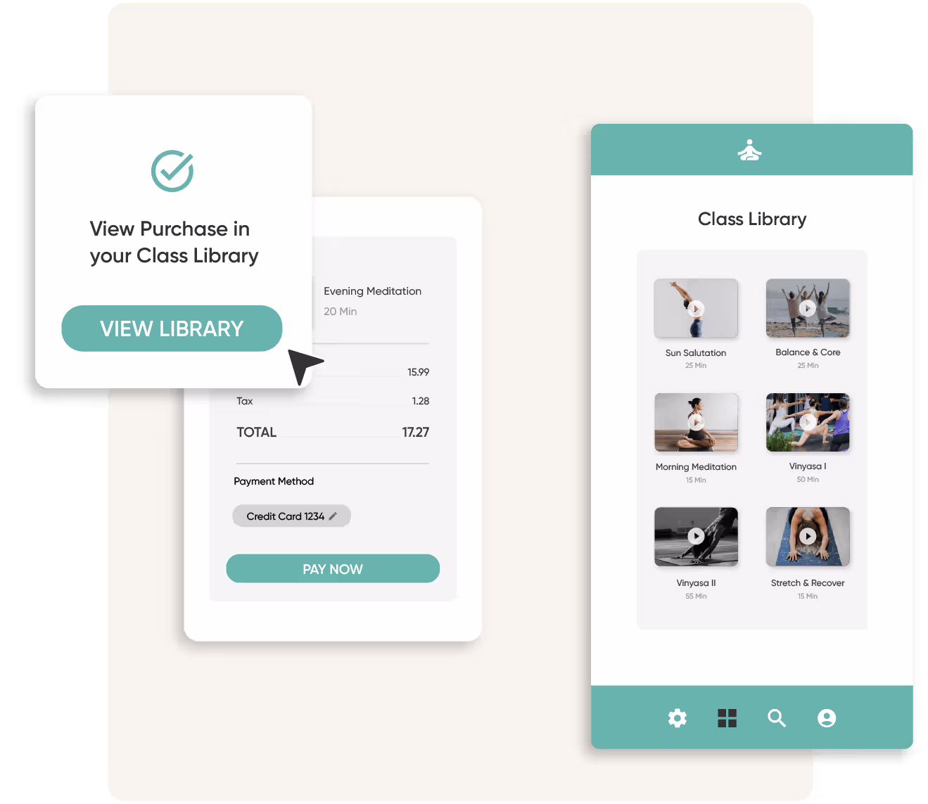 Uma tela de telefone mostra uma biblioteca de aulas de ioga. Ao lado do telefone há um conjunto de telas de pagamento e um cursor comprando uma aula da biblioteca. 