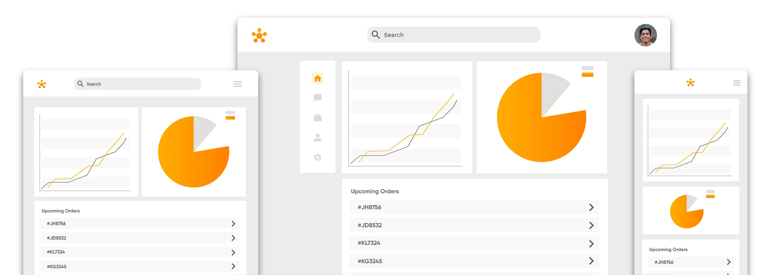Telas simplificadas da Web, tablet e telefone mostrando um painel de negócios. O painel tem gráficos e uma lista de pedidos futuros. 