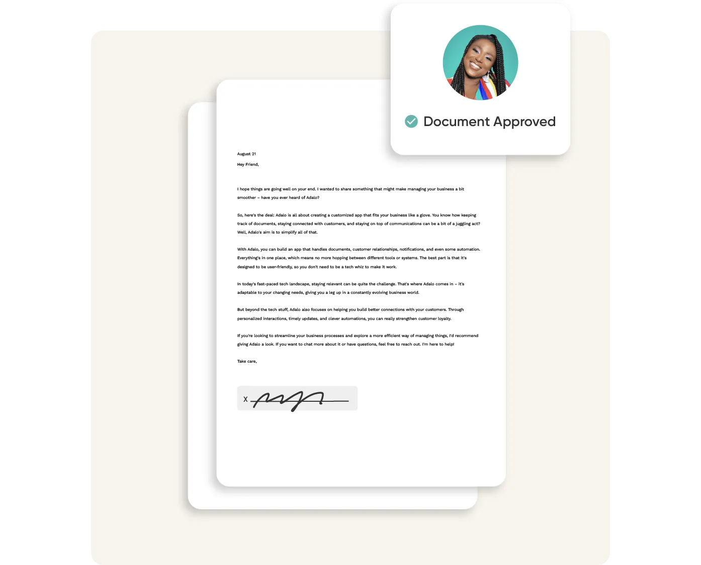 Um documento recebe uma assinatura e uma marca de aprovação.  