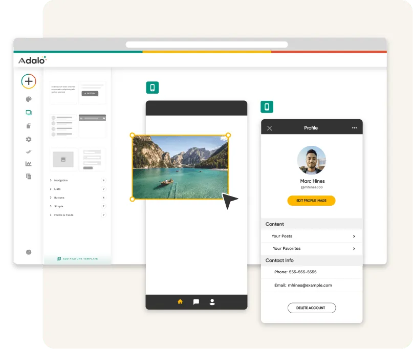 Interface de tela visual do criador de aplicativos sem código Adalo