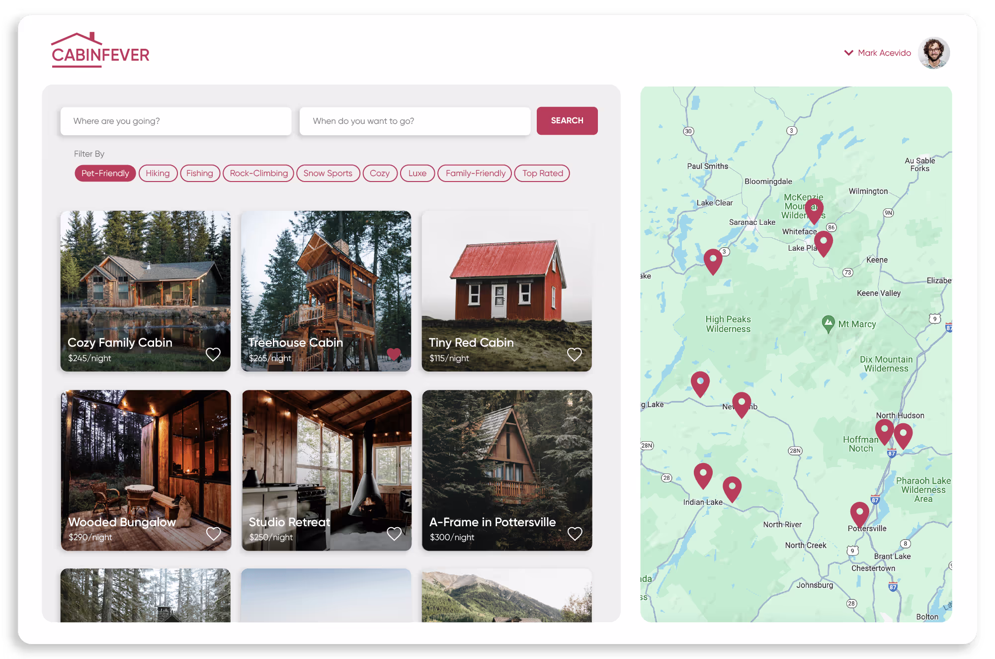Aplicativo web Cabin Fever desenvolvido com o Adalo